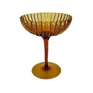 Vintage MCM Empoli Hand Blown Amber Glass Spiral Stem Ribbed Pedestal Candy Dish